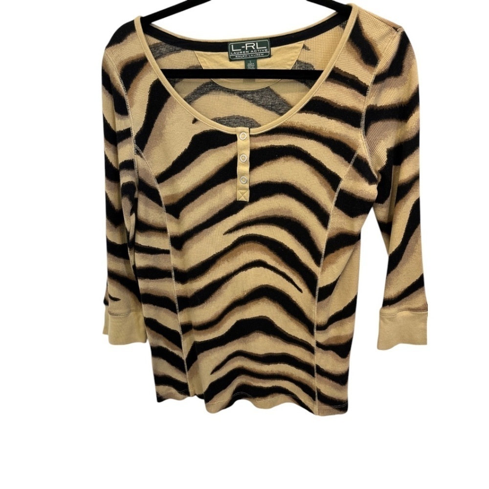 L-RL Lauren Active Ralph Lauren Black Brown 3/4 Sleeve Henley Top Size Large